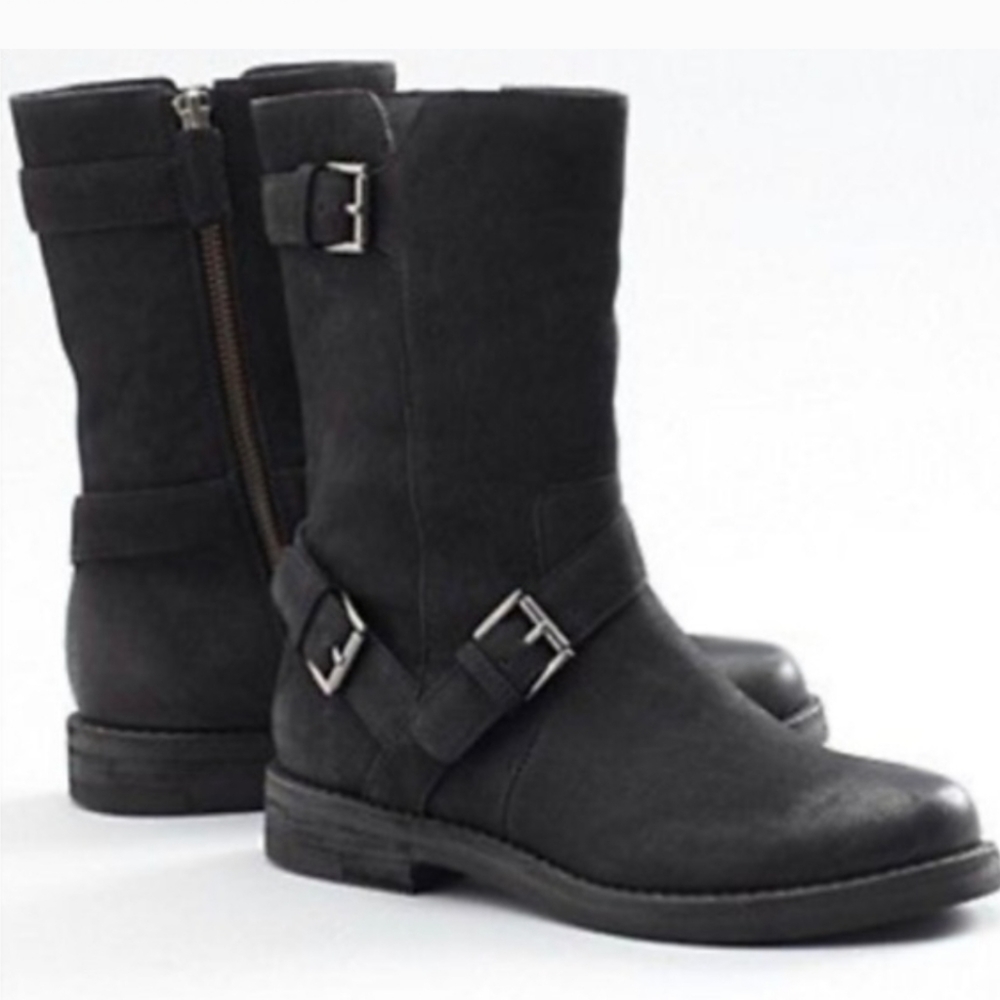 NEW EILEEN FISHER BLACK NUBUCK LEATHER MOTO LOG BOOTS SIZE 9.5